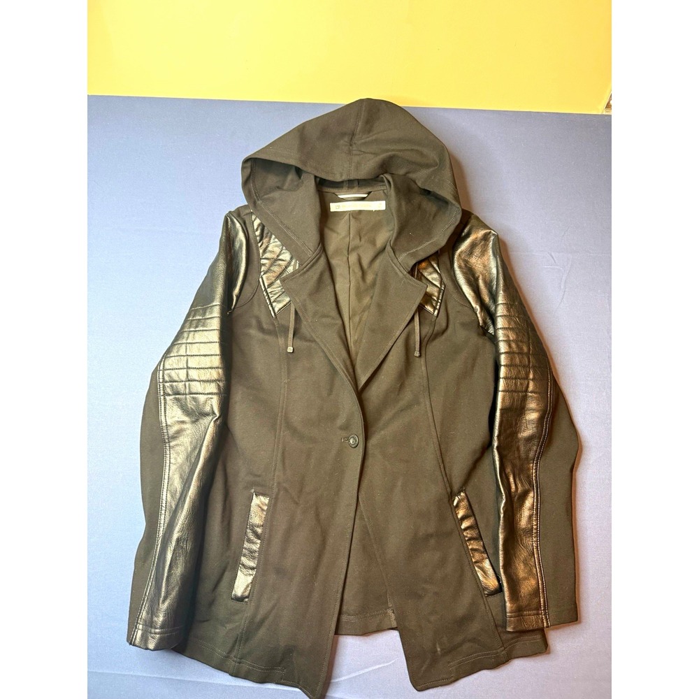 Blanc Noir Women's Black Hooded Quilted Zip Mid-Length Jacket Size M BLJ101400
